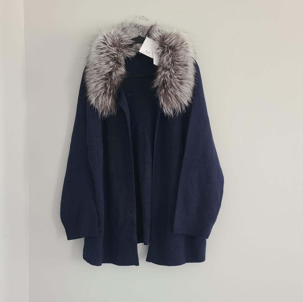 Magaschoni Navy Sweater Cardigan with Gray Fur Collar